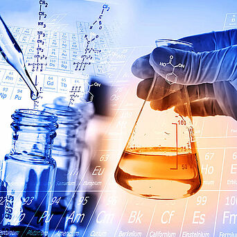 Kolben mit Chemikalien und Pipetten zum Abfüllen in Glasbehälter